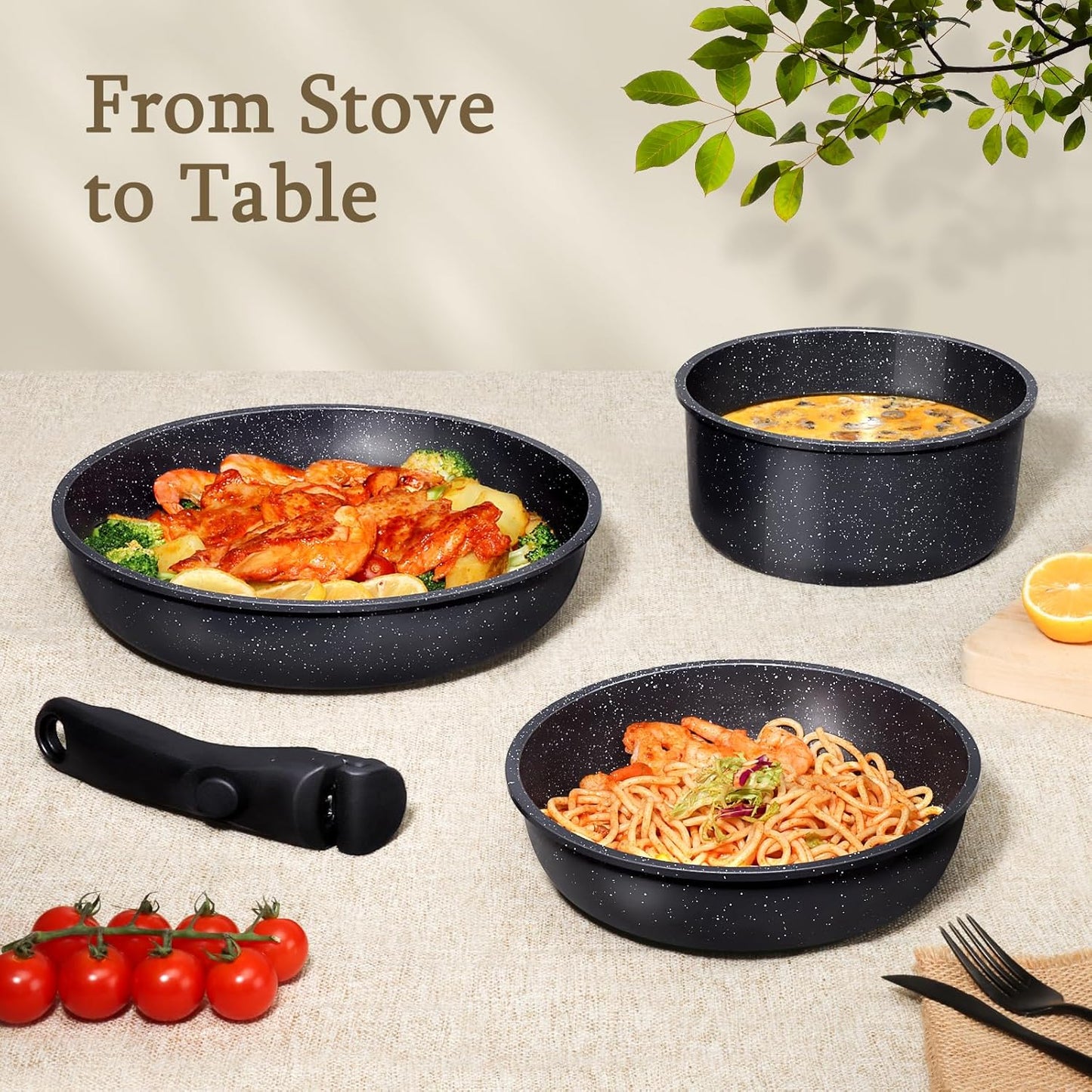 GiPP Ceramic Non-Stick Pot and Pan Set with Detachable Handle, Dark Grey NEW
