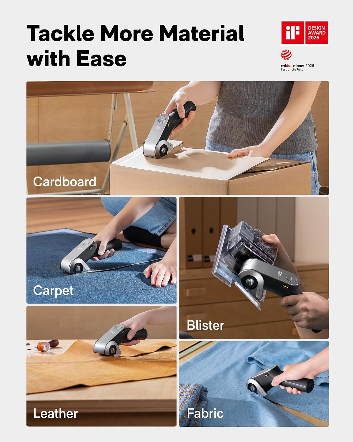HOTO EdgeFlow Cordless Gray Electric Rotary Fabric Cutter for Sewing, DEMO