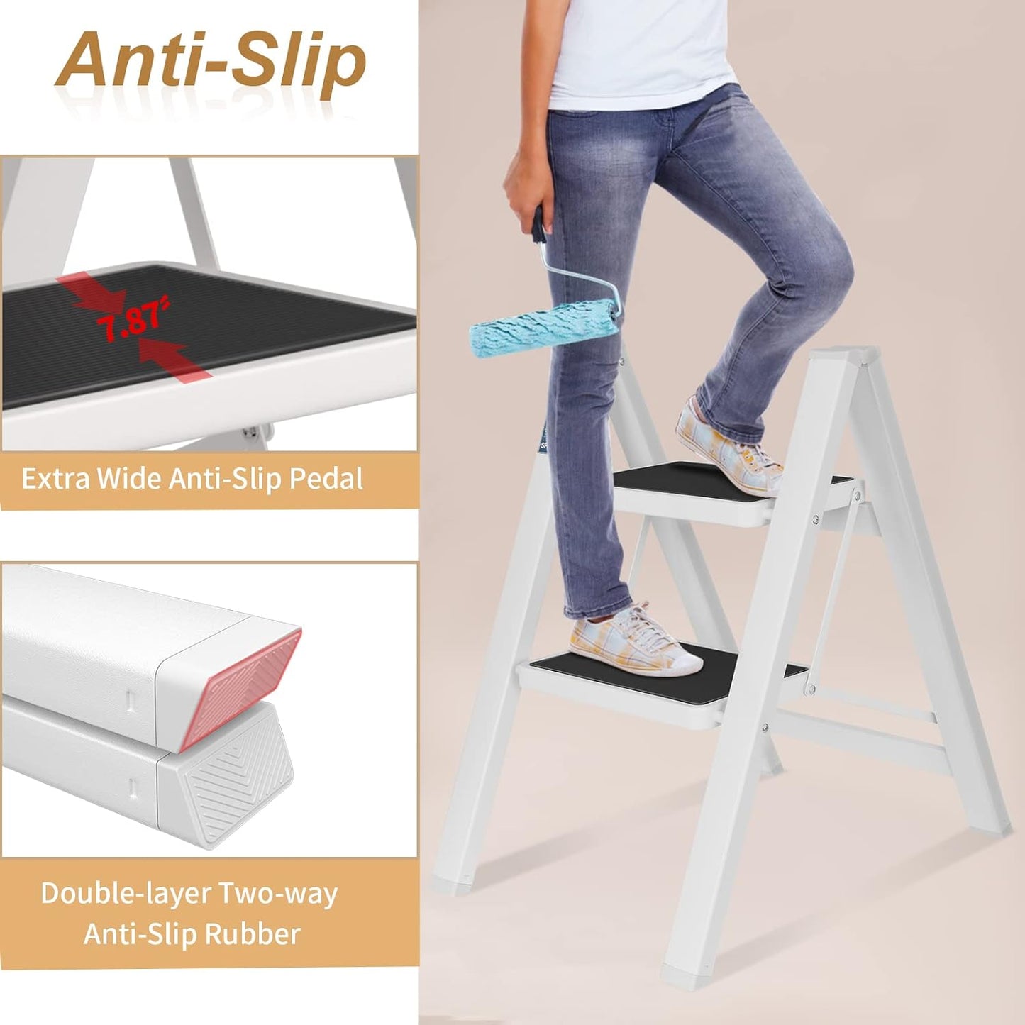 SPIEEK Folding Step Stool Wide Anti-Slip Thickened Pedal, White Sturdy DEMO