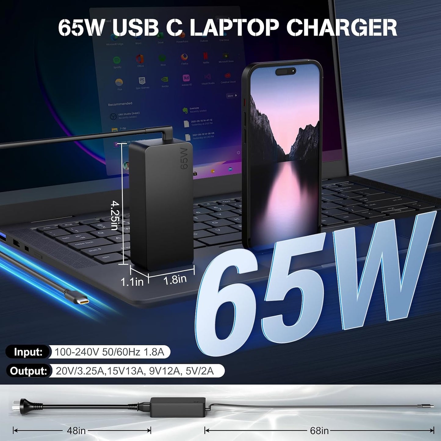 KBPRZ 65W USB-C Laptop Charger, 20V 3.25A Black Power Adapter for Laptops DEMO
