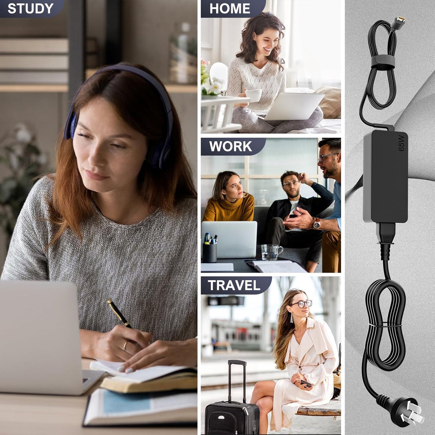 KBPRZ 65W USB-C Laptop Charger, 20V 3.25A Black Power Adapter for Laptops DEMO