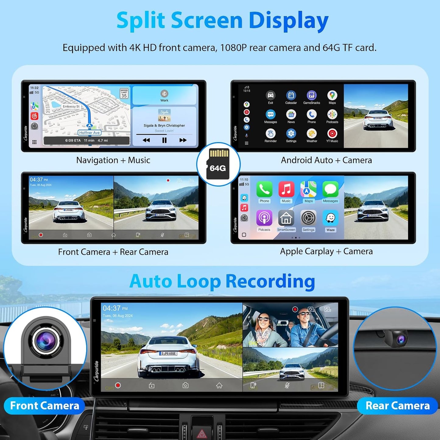 Carpuride 4K Front Dash Cam with CarPlay & Android Auto - In-Dash Video DEMO