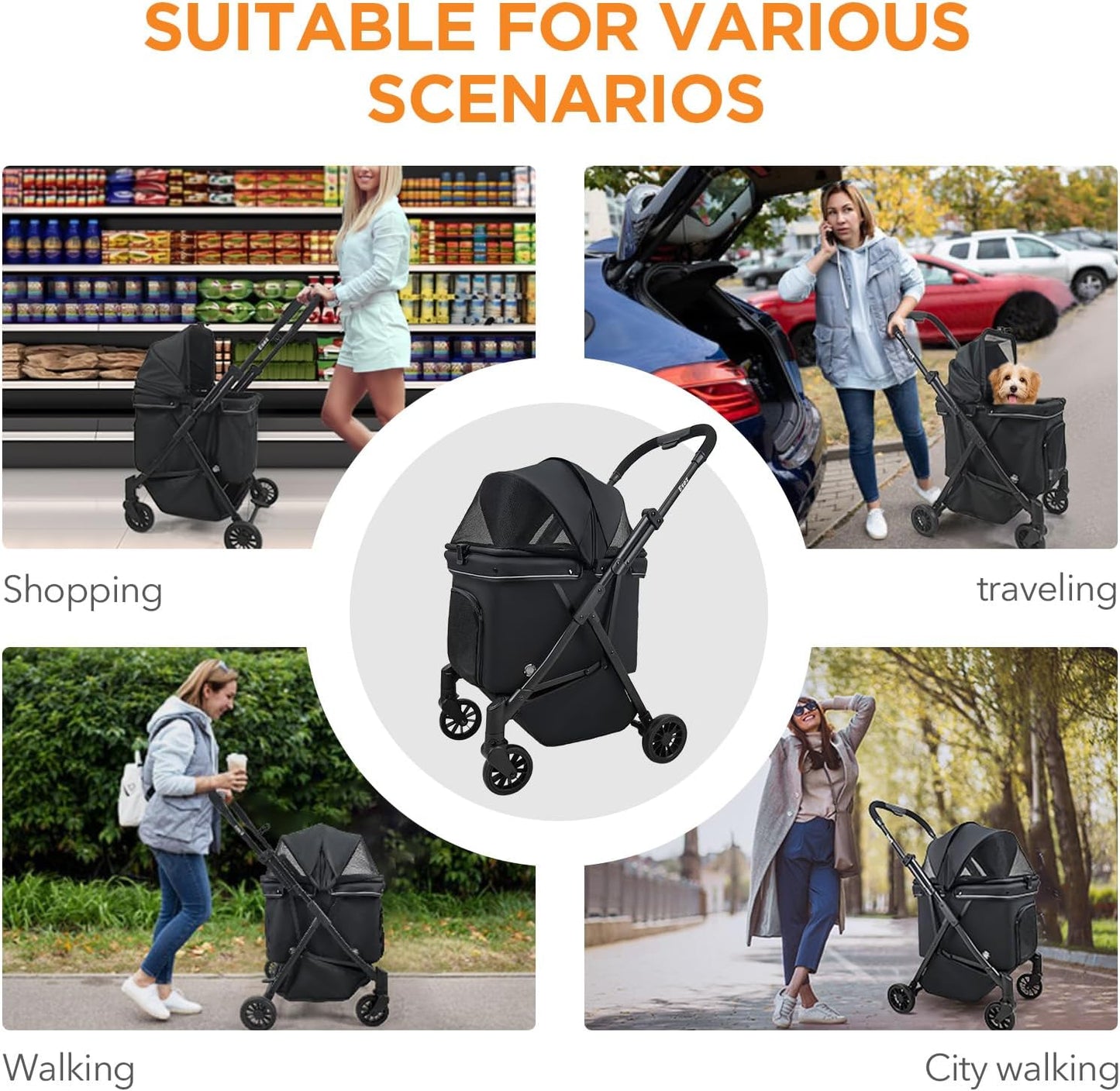 ESEZ Lightweight Strollers Compact Alloy Steel Dog Stroller, Black Foldable NEW
