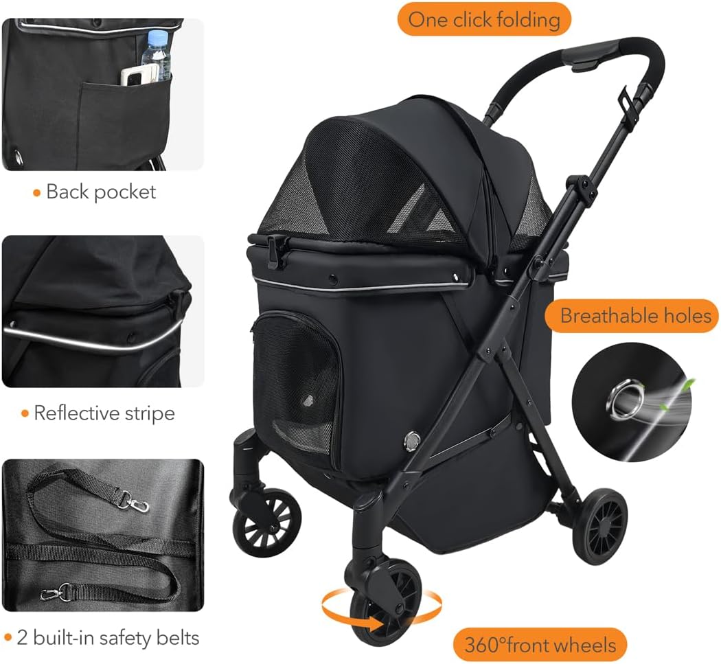 ESEZ Lightweight Strollers Compact Alloy Steel Dog Stroller, Black Foldable NEW