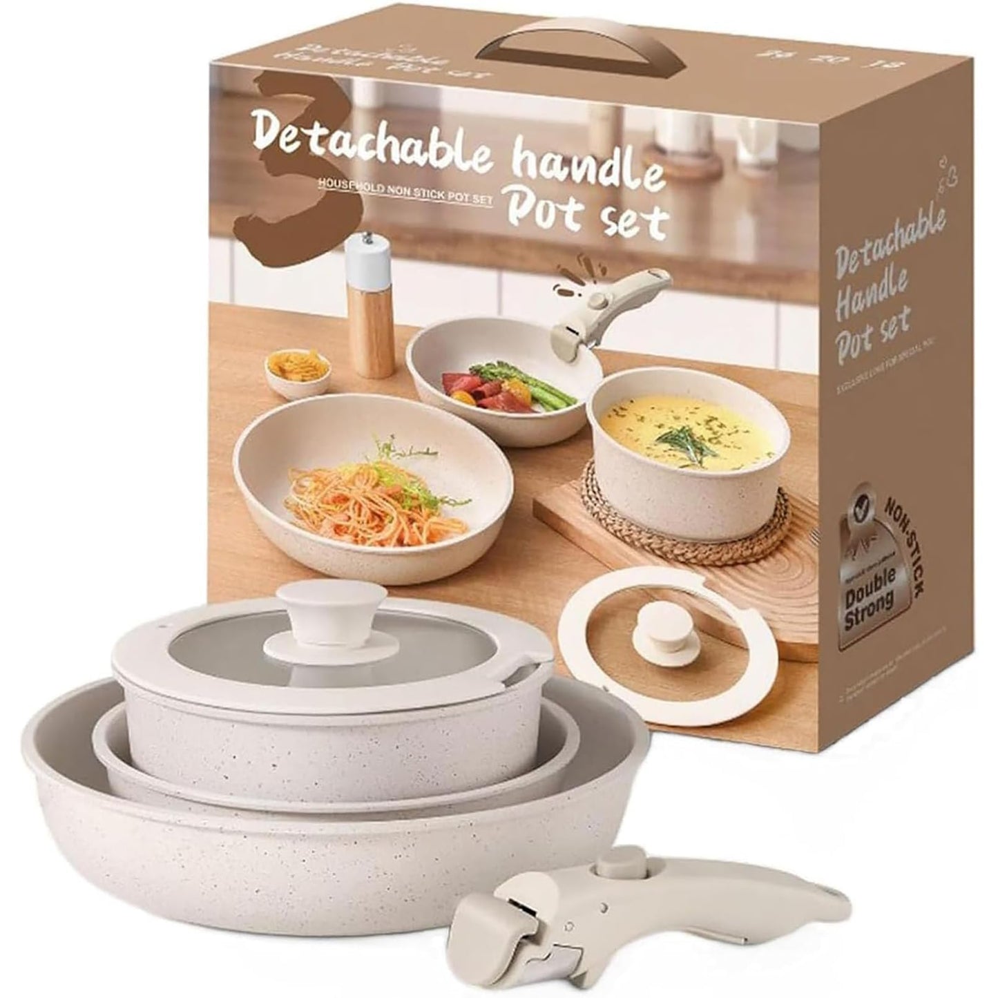 Aupekro 5 Pcs Non-Stick Ceramic Cookware Set Detachable Handle Pot & Pan NEW
