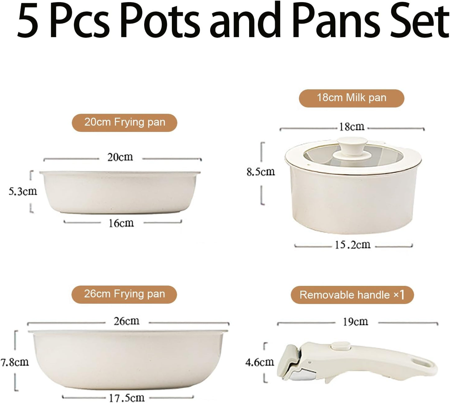 Aupekro 5 Pcs Non-Stick Ceramic Cookware Set Detachable Handle Pot & Pan NEW