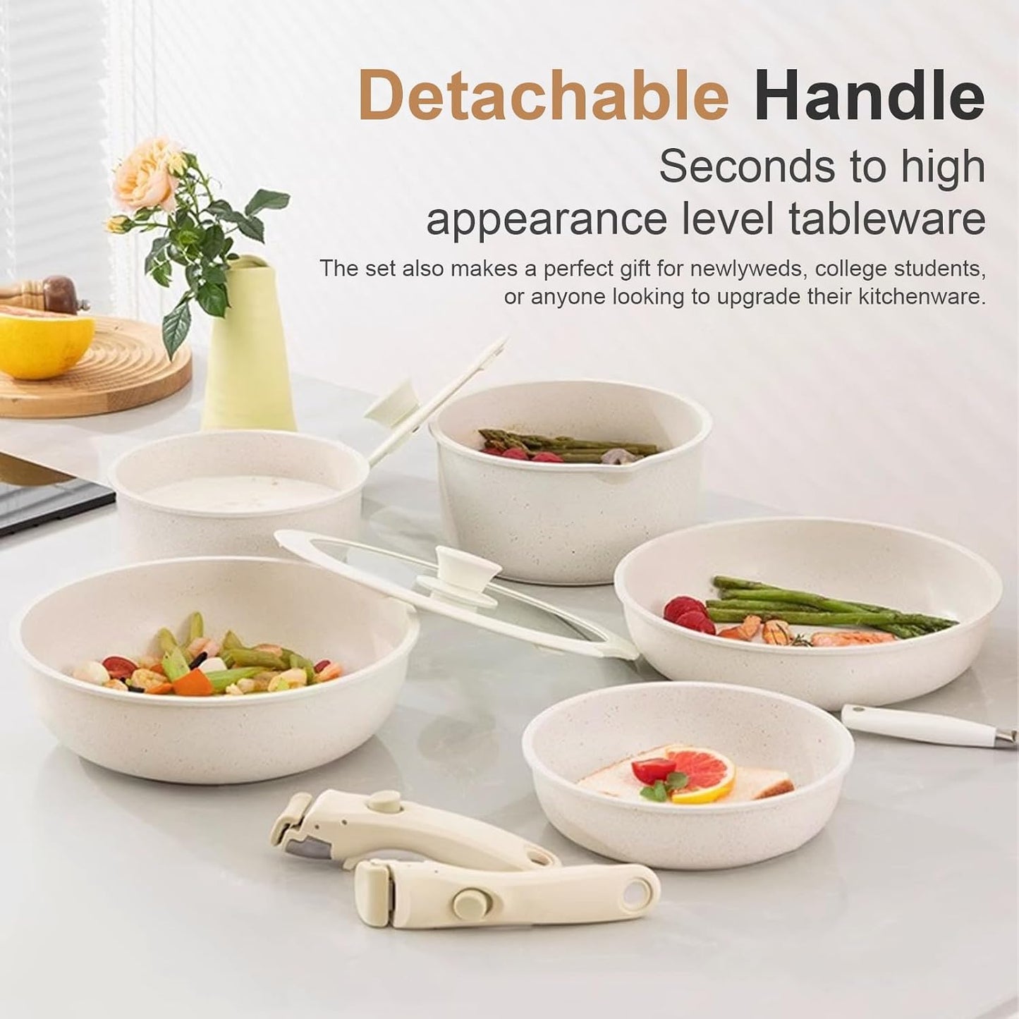 Aupekro 5 Pcs Non-Stick Ceramic Cookware Set Detachable Handle Pot & Pan NEW