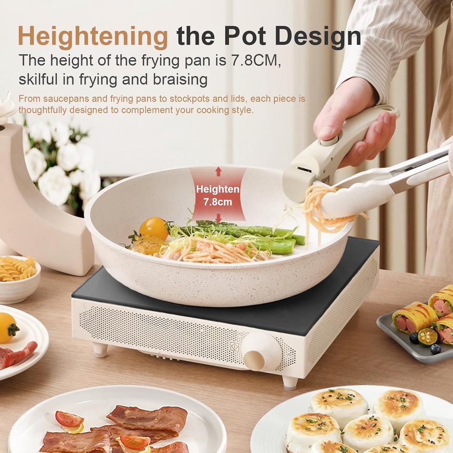 Aupekro 5 Pcs Non-Stick Ceramic Cookware Set Detachable Handle Pot & Pan NEW