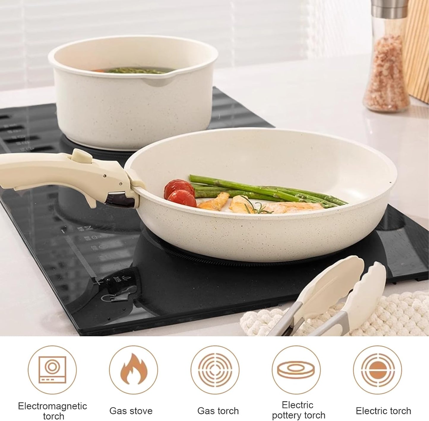 Aupekro 5 Pcs Non-Stick Ceramic Cookware Set Detachable Handle Pot & Pan NEW