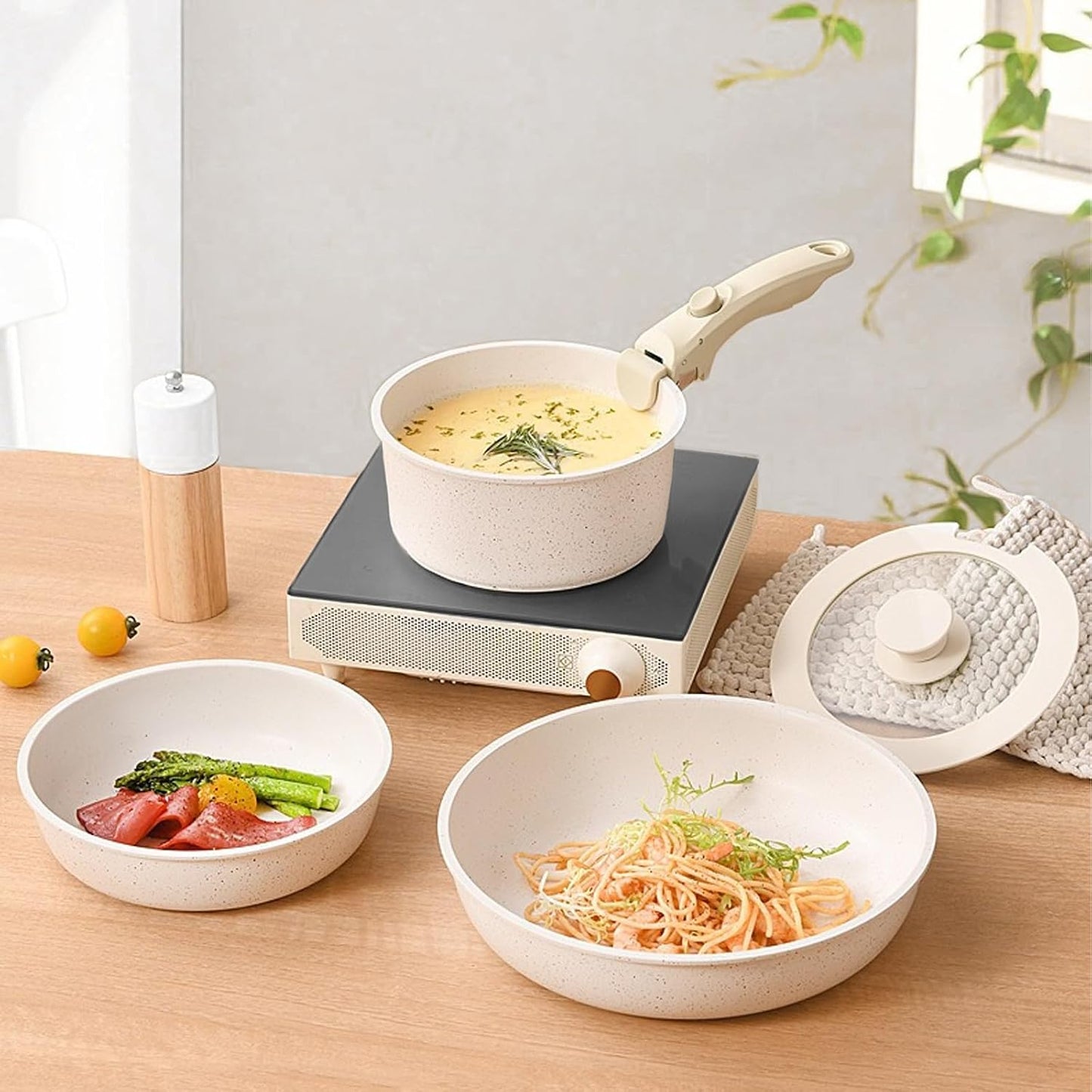 Aupekro 5 Pcs Non-Stick Ceramic Cookware Set Detachable Handle Pot & Pan NEW