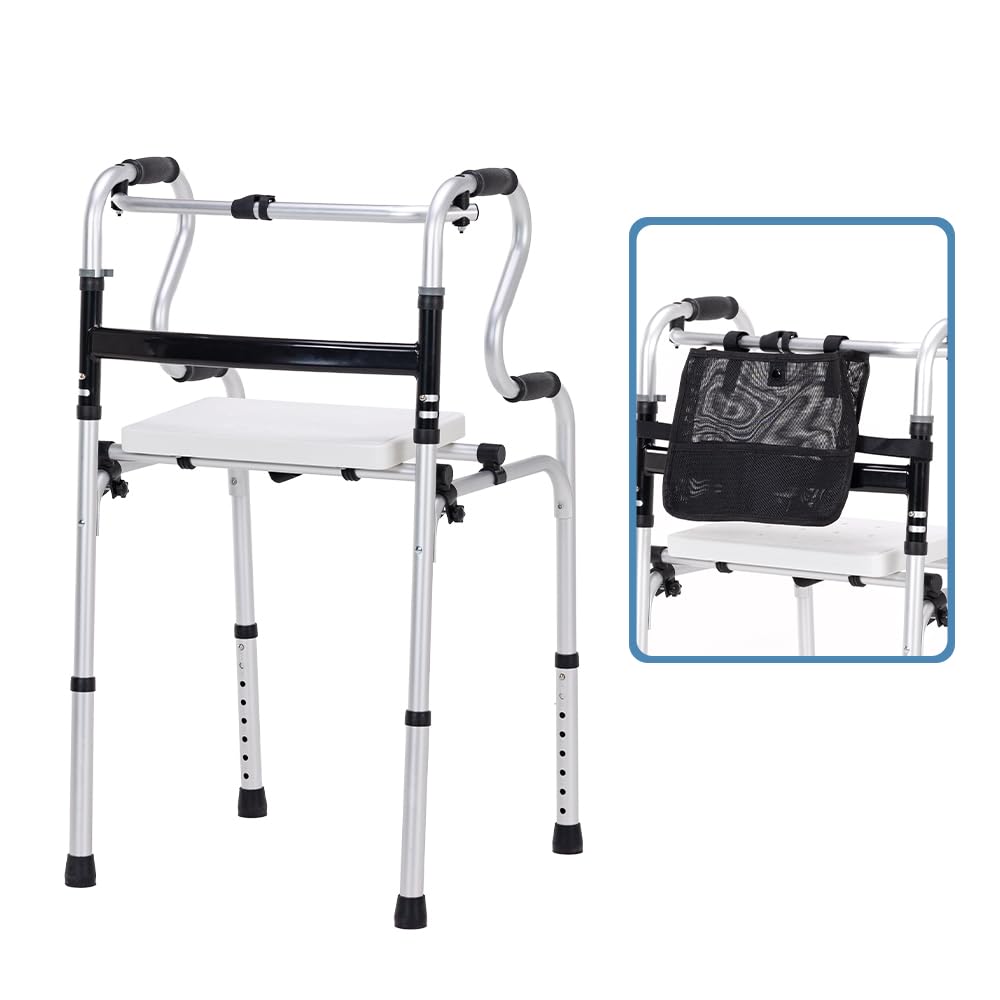 EldHilfe Adjustable Folding Walker with Seat, Storage Bag, White - DEMO