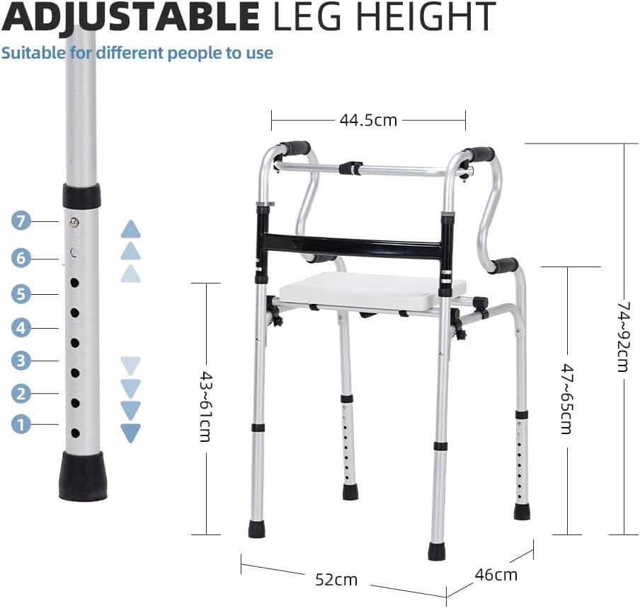 EldHilfe Adjustable Folding Walker with Seat, Storage Bag, White - DEMO