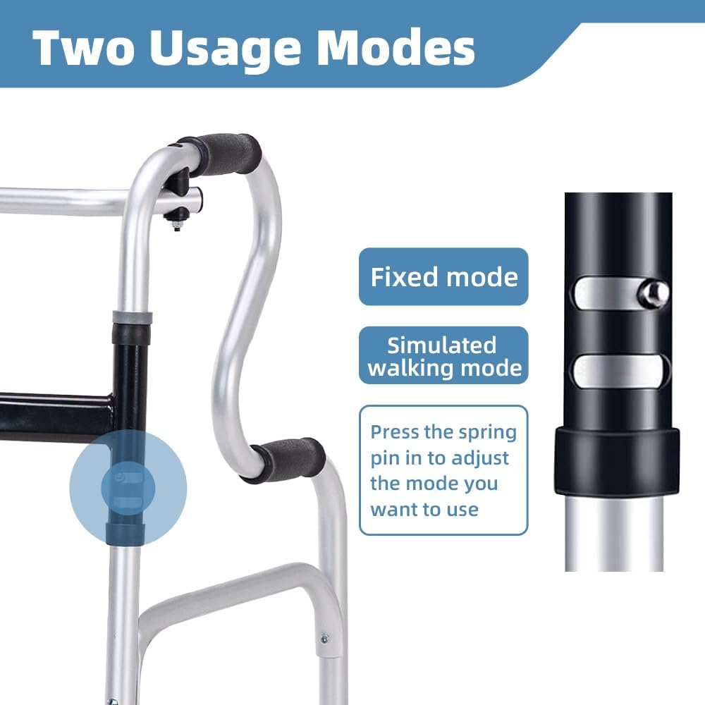 EldHilfe Adjustable Folding Walker with Seat, Storage Bag, White - DEMO