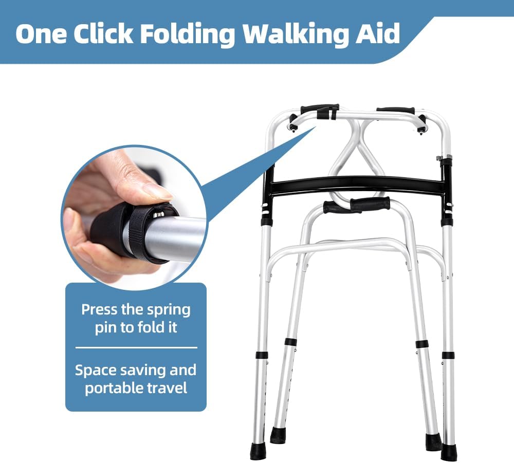 EldHilfe Adjustable Folding Walker with Seat, Storage Bag, White - DEMO