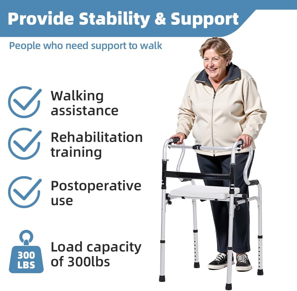 EldHilfe Adjustable Folding Walker with Seat, Storage Bag, White - DEMO