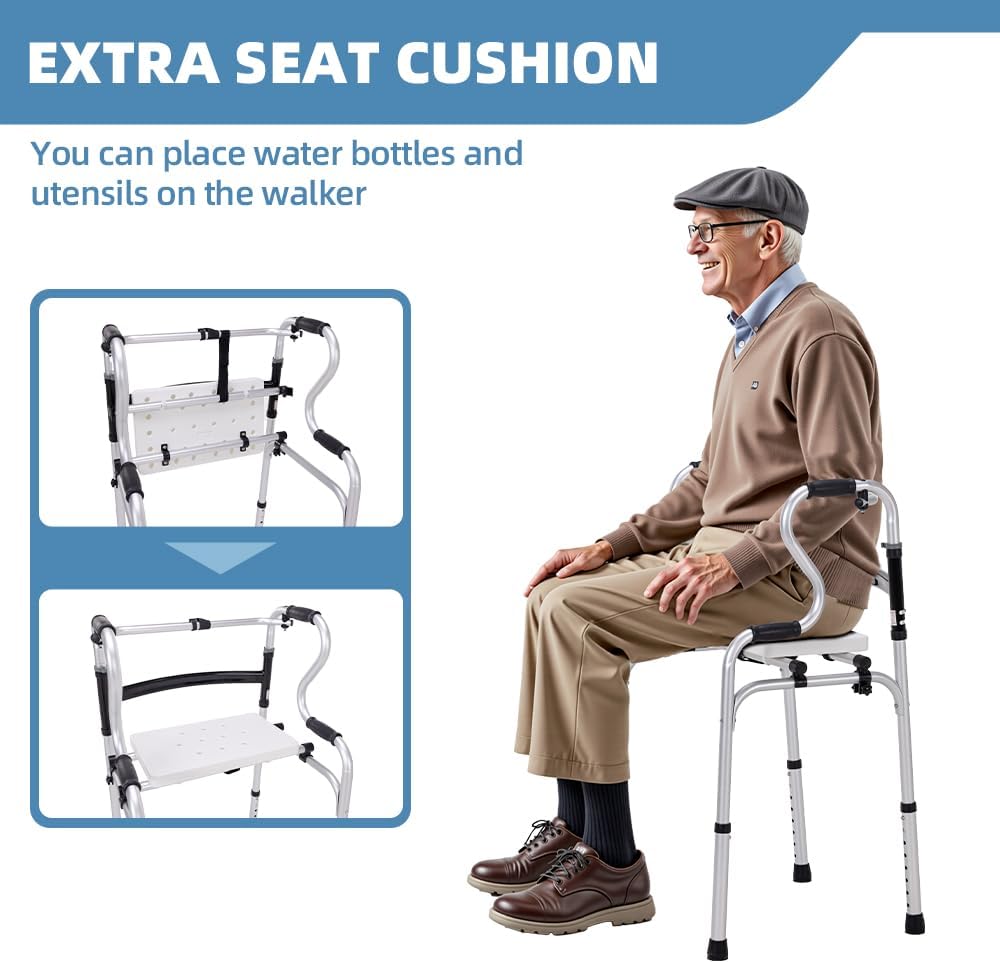 EldHilfe Adjustable Folding Walker with Seat, Storage Bag, White - DEMO