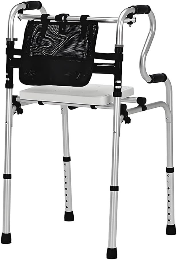 EldHilfe Adjustable Folding Walker with Seat, Storage Bag, White - DEMO