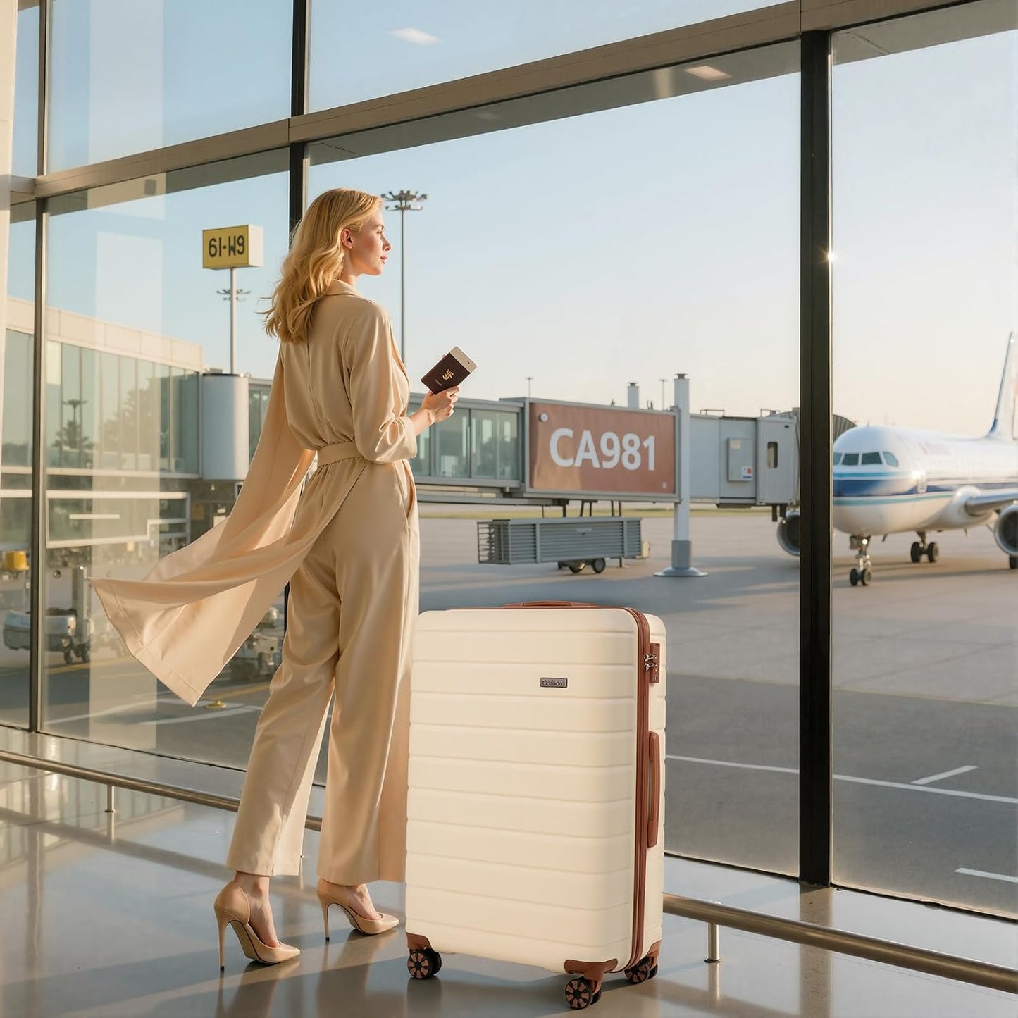 Cosbarn 5 Piece Beige Luggage Sets with Spinner Wheels and TSA Lock for DEMO