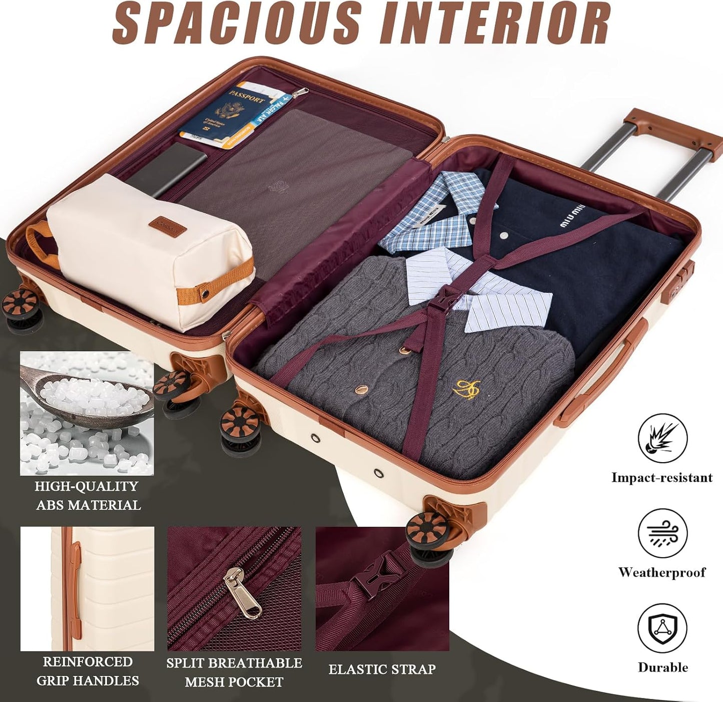 Cosbarn 5 Piece Beige Luggage Sets with Spinner Wheels and TSA Lock for DEMO