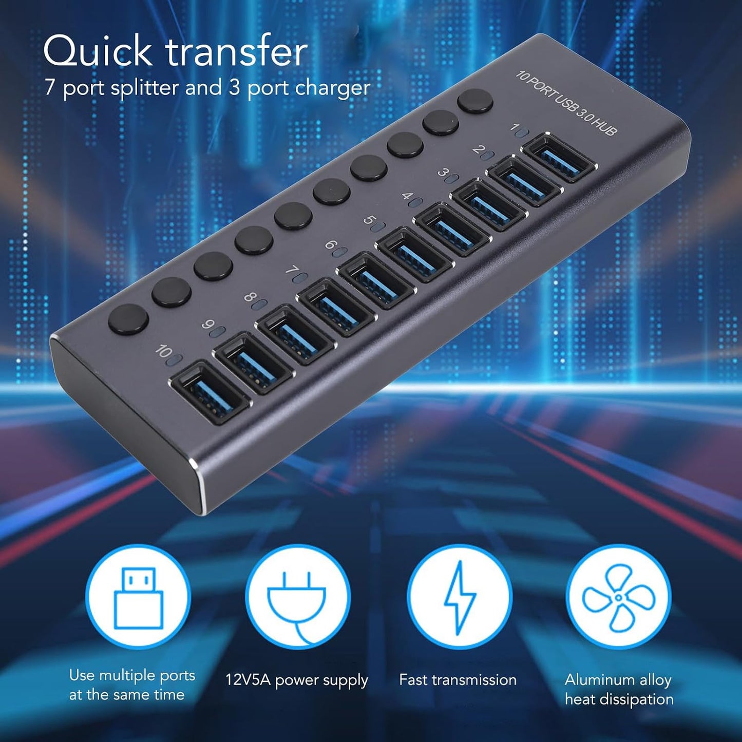 Zopsc Unisex USB Hubs 10-Port USB 3.0 Hub with 60W Power Adapter for NEW