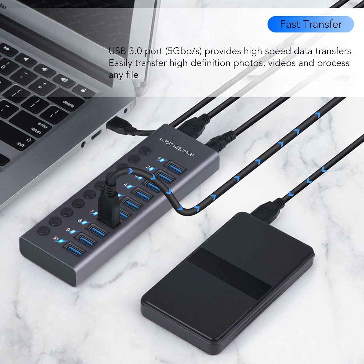 Zopsc Unisex USB Hubs 10-Port USB 3.0 Hub with 60W Power Adapter for NEW