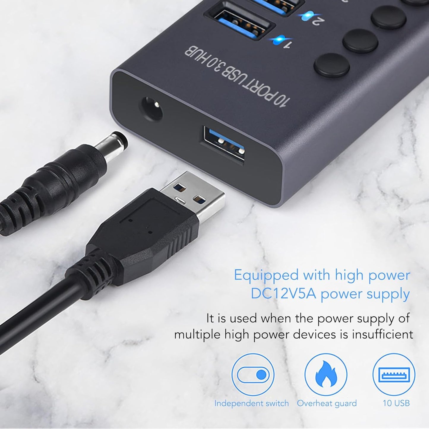 Zopsc Unisex USB Hubs 10-Port USB 3.0 Hub with 60W Power Adapter for NEW