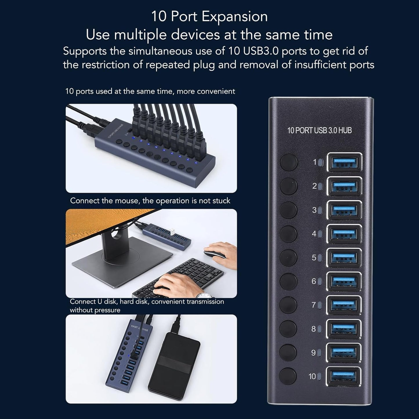 Zopsc Unisex USB Hubs 10-Port USB 3.0 Hub with 60W Power Adapter for NEW