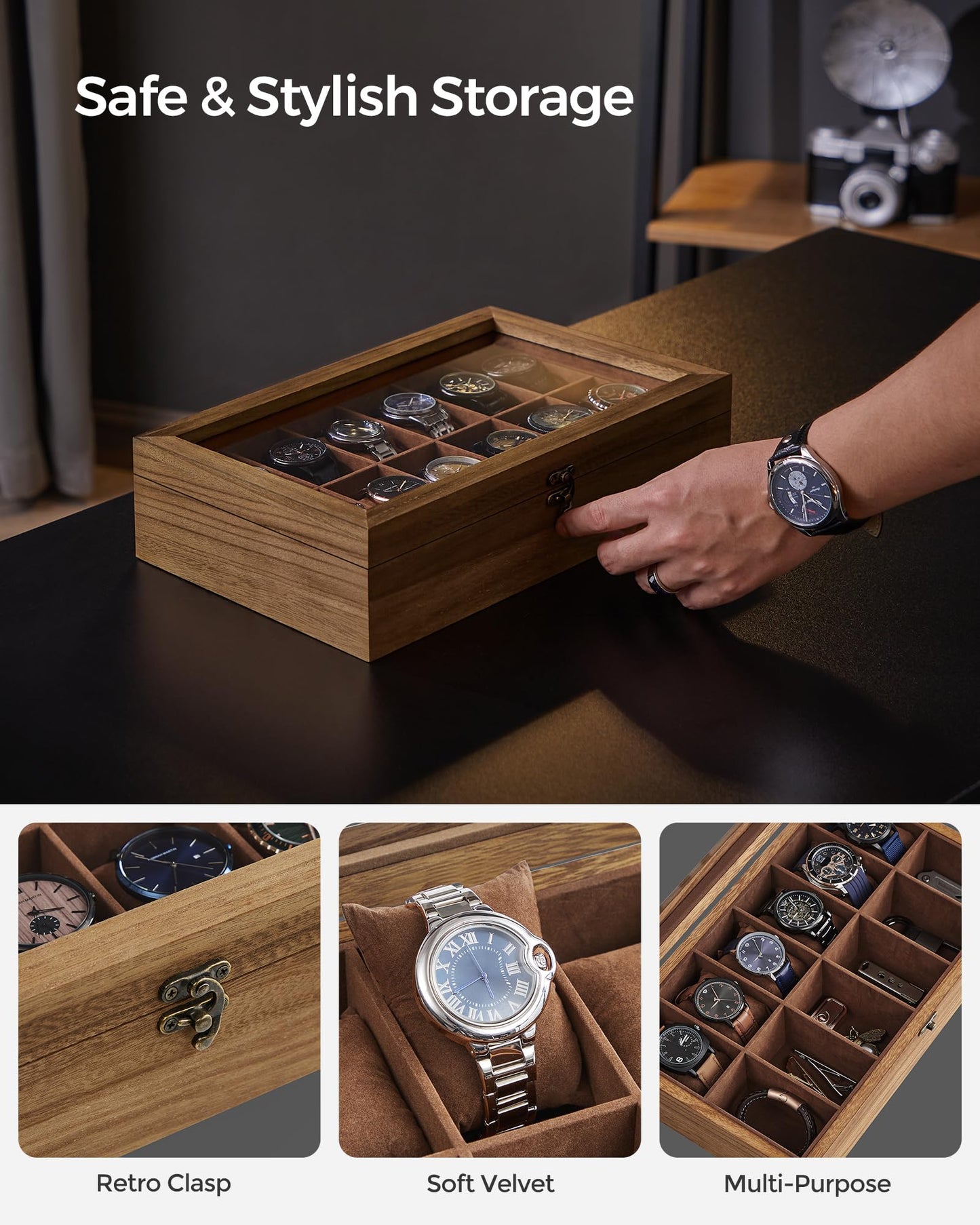 SONGMICS 12-Slot Rustic Walnut Wood Watch Box Organizer with Glass Lid DEMO
