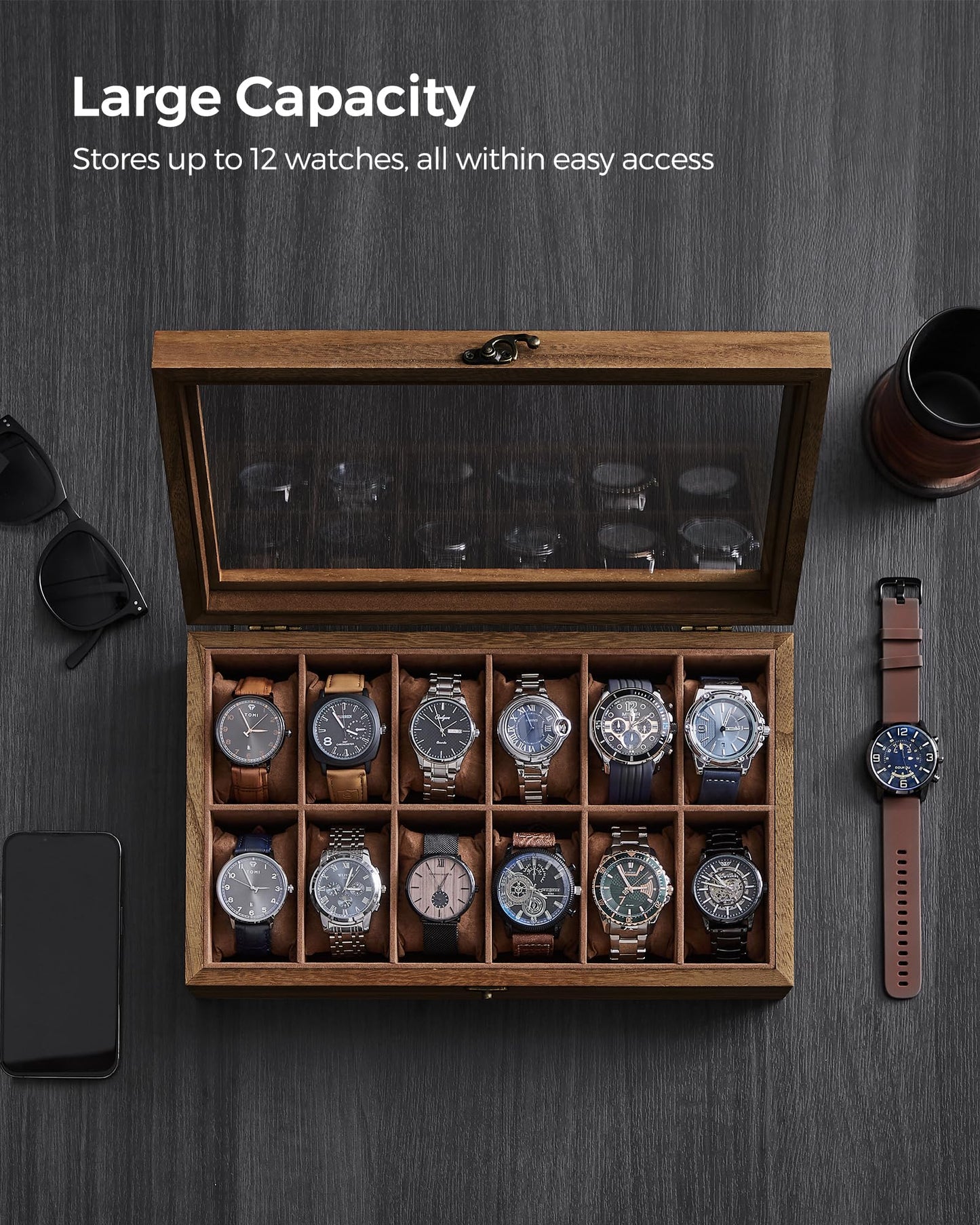 SONGMICS 12-Slot Rustic Walnut Wood Watch Box Organizer with Glass Lid DEMO