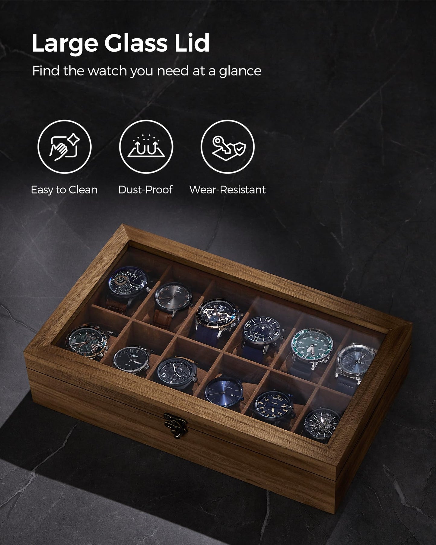 SONGMICS 12-Slot Rustic Walnut Wood Watch Box Organizer with Glass Lid DEMO