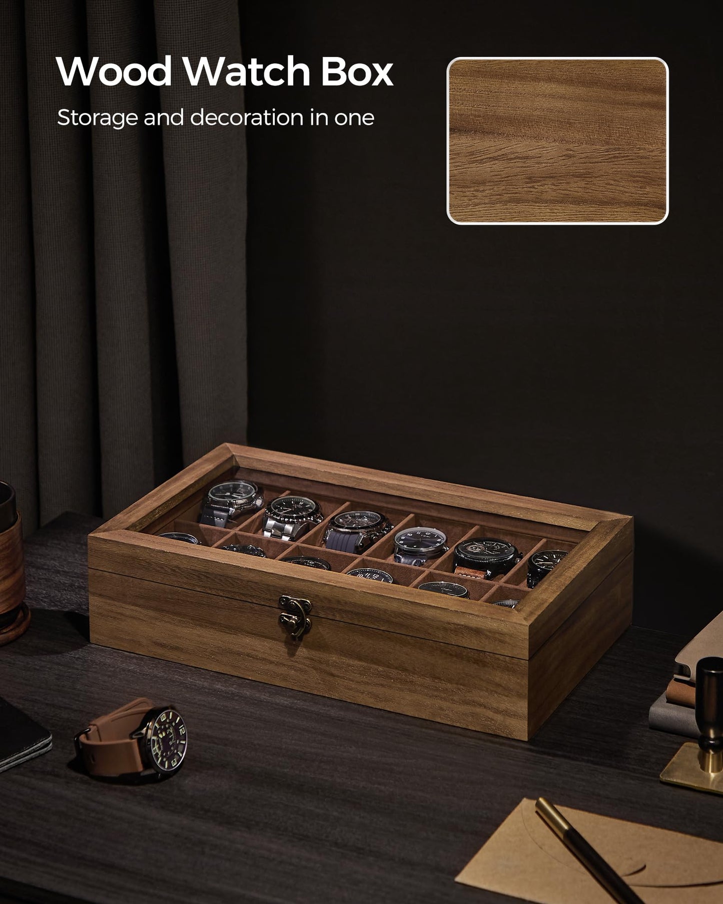 SONGMICS 12-Slot Rustic Walnut Wood Watch Box Organizer with Glass Lid DEMO