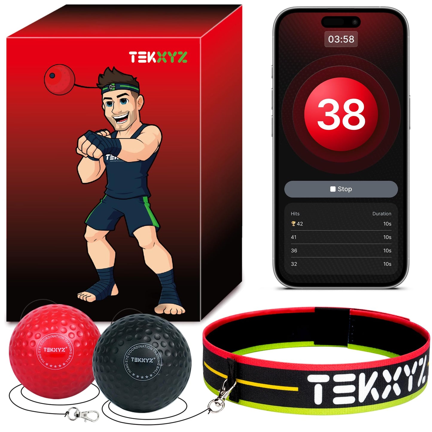 TEKXYZ Reflex Ball with Counter App and Online Community Red/Black Size NEW