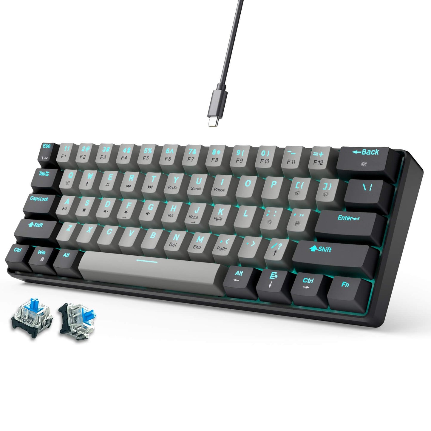 abucow 60% Mechanical Gaming Keyboard, Gray-Black Wired Compact Keyboard DEMO