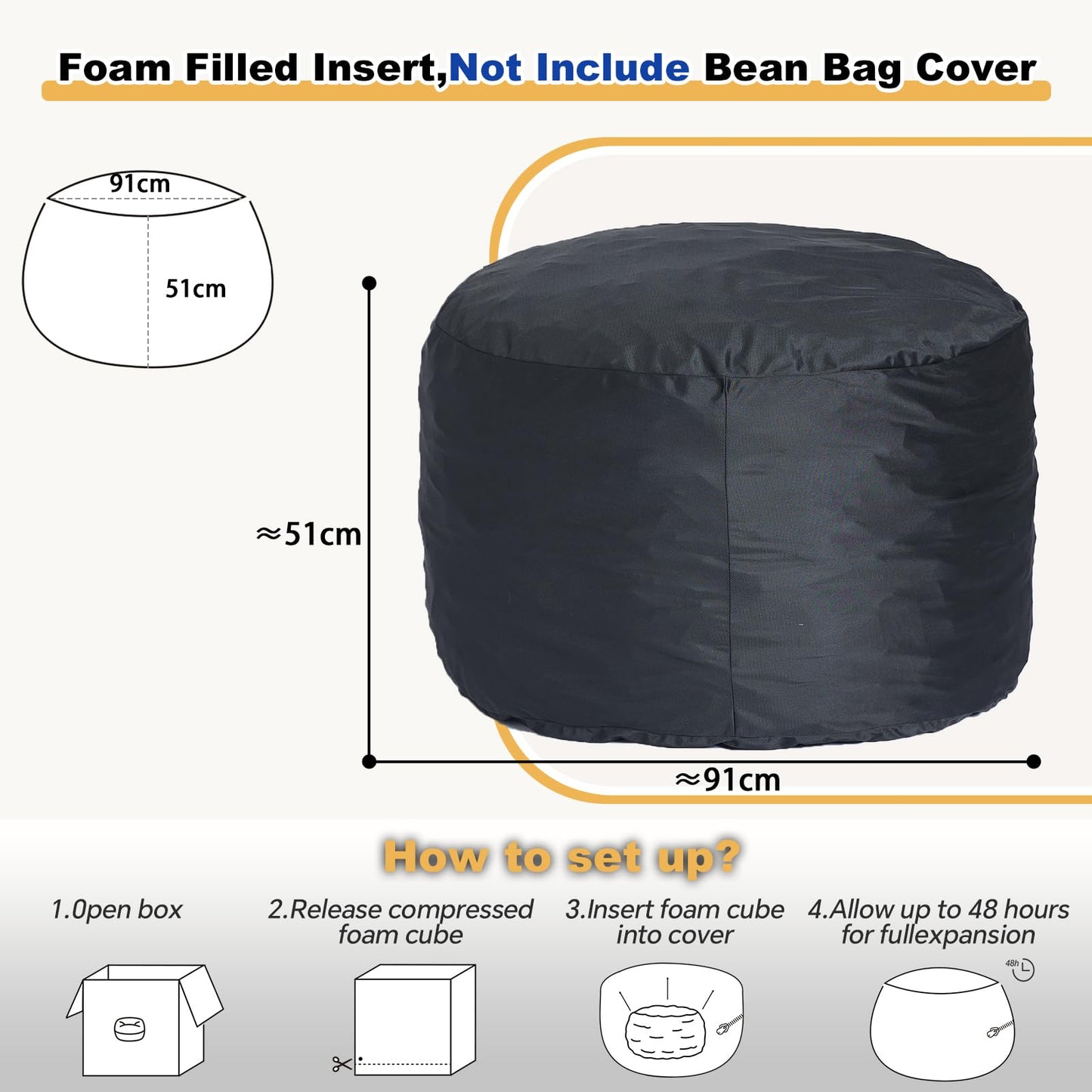 MinComfyWo 3FT Bean Bag Chair Memory Foam Filled Black Insert Stuffed NEW