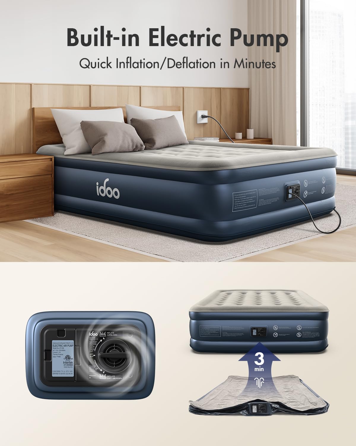 iDOO Queen Size Air Mattress with Built-in Pump Inflates in 3 Minutes Grey DEMO