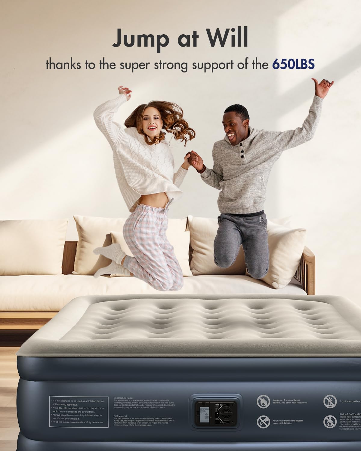 iDOO Queen Size Air Mattress with Built-in Pump Inflates in 3 Minutes Grey DEMO
