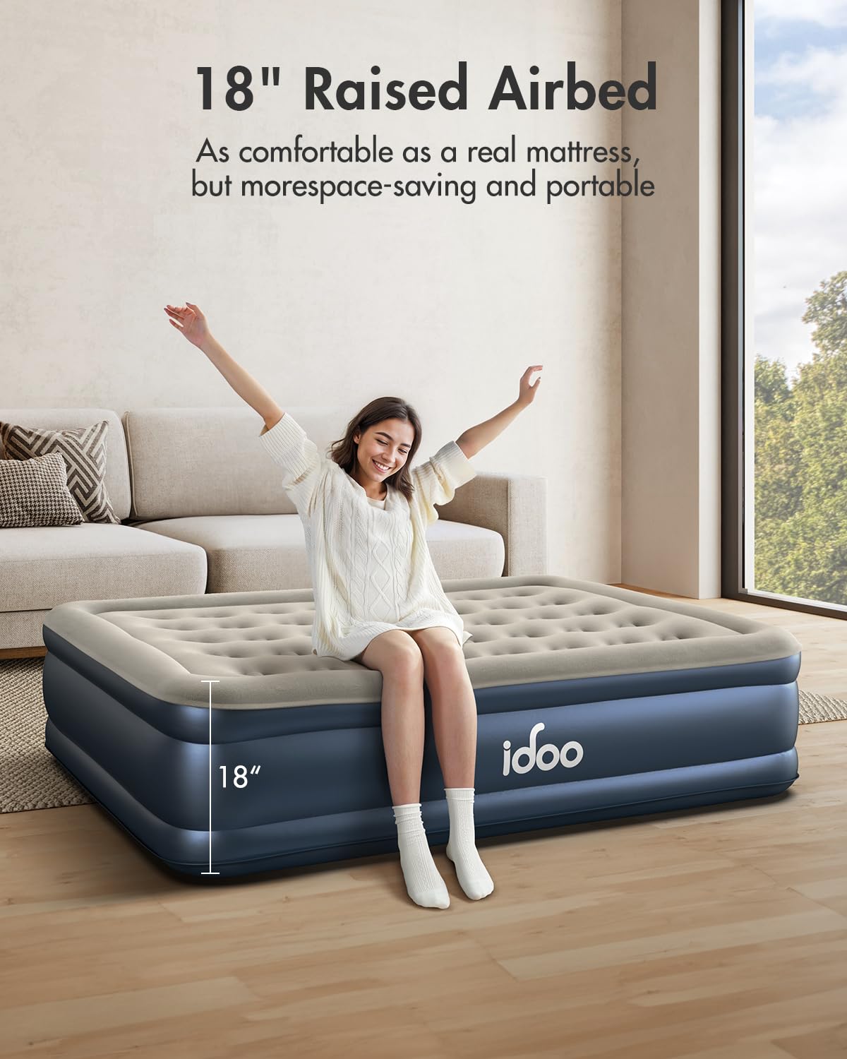iDOO Queen Size Air Mattress with Built-in Pump Inflates in 3 Minutes Grey DEMO