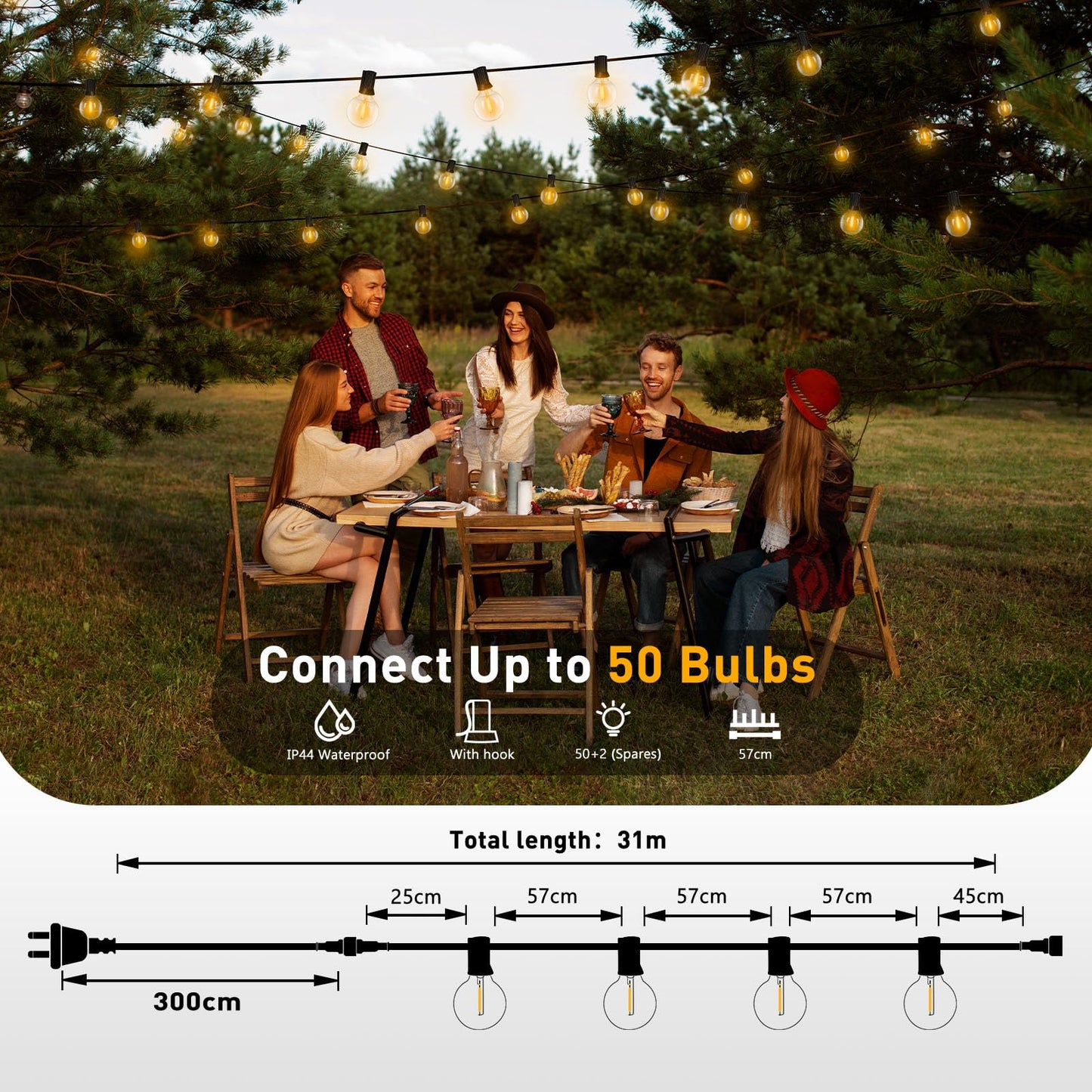 Roshin 31M 50+2 Bulb Waterproof G40 Fairy Lights Warm Light Indoor-Outdoor DEMO