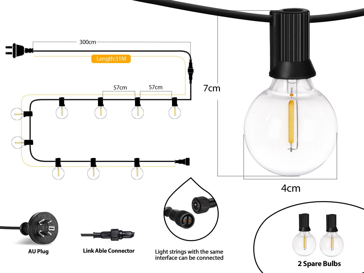 Roshin 31M 50+2 Bulb Waterproof G40 Fairy Lights Warm Light Indoor-Outdoor DEMO