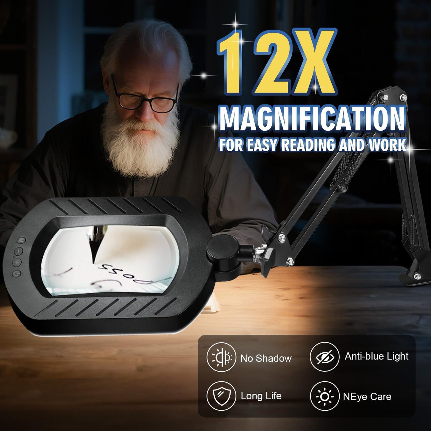 UVII 12X Square Magnifying Glass with 144 LED Lights and Adjustable Stand DEMO