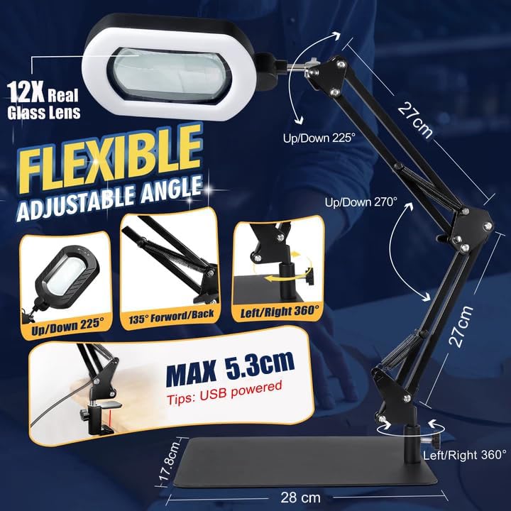 UVII 12X Square Magnifying Glass with 144 LED Lights and Adjustable Stand DEMO