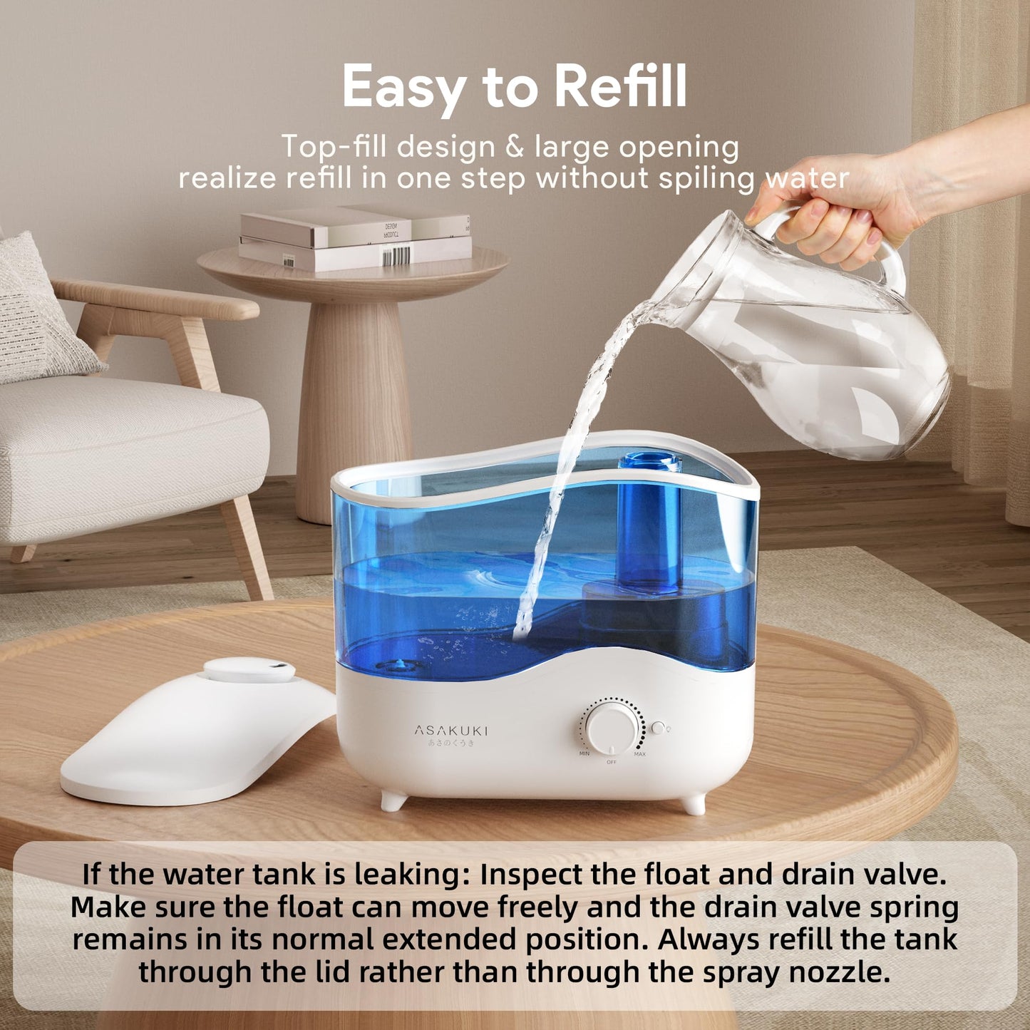 ASAKUKI 4L Top Fill Cool Mist Humidifier for Bedroom, Baby Room, BPA-Free, DEMO