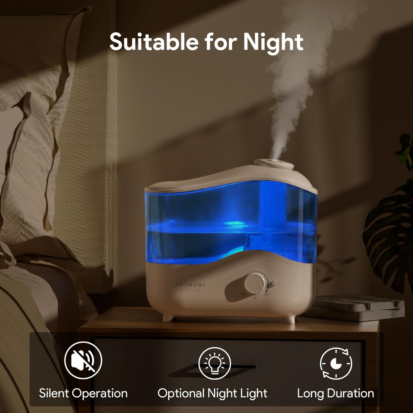 ASAKUKI 4L Top Fill Cool Mist Humidifier for Bedroom, Baby Room, BPA-Free, DEMO