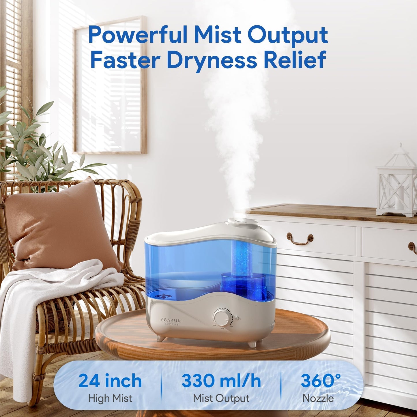 ASAKUKI 4L Top Fill Cool Mist Humidifier for Bedroom, Baby Room, BPA-Free, DEMO