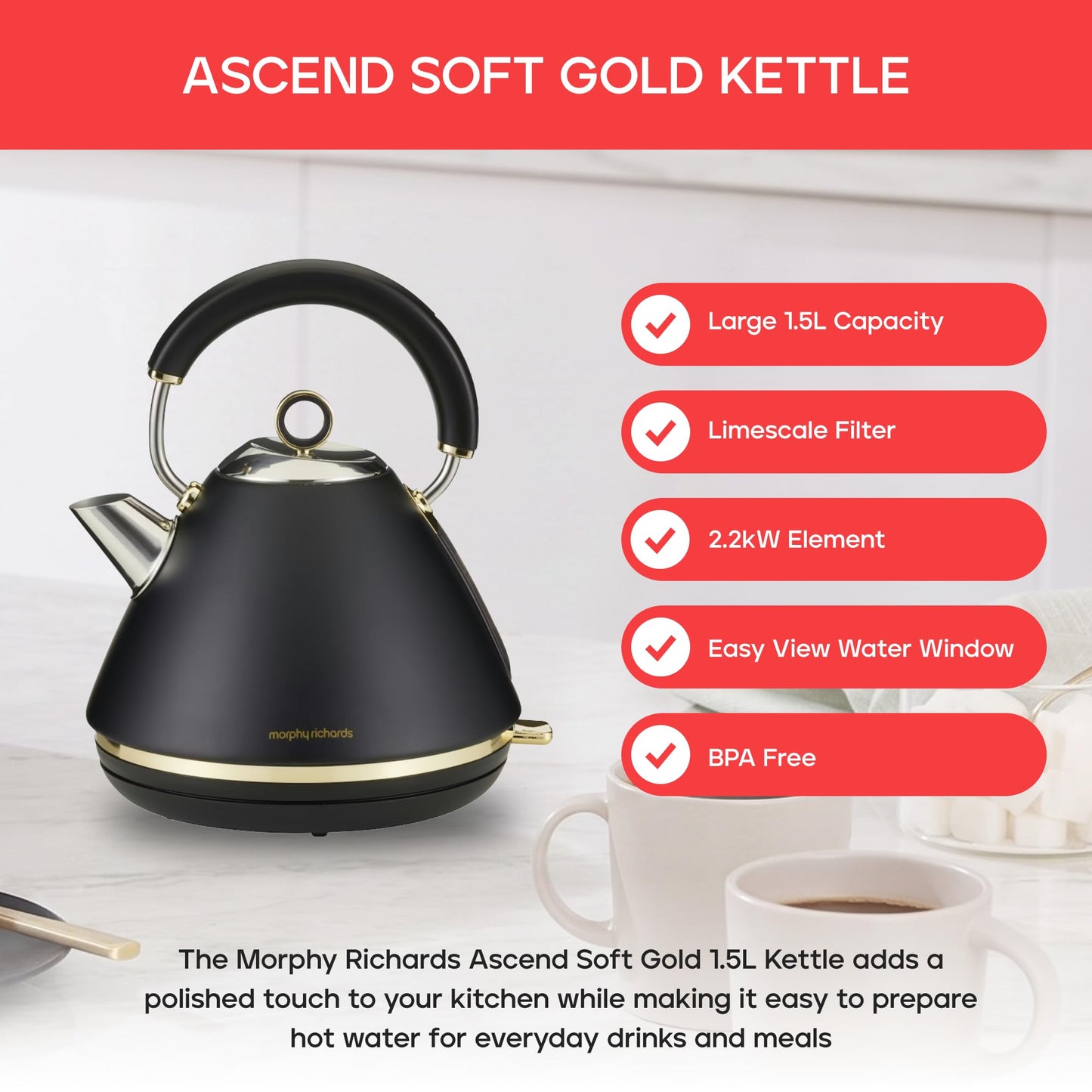 Morphy Richards Ascend 1.5L Satin Black Electric Kettle, 2200W High-Power DEMO