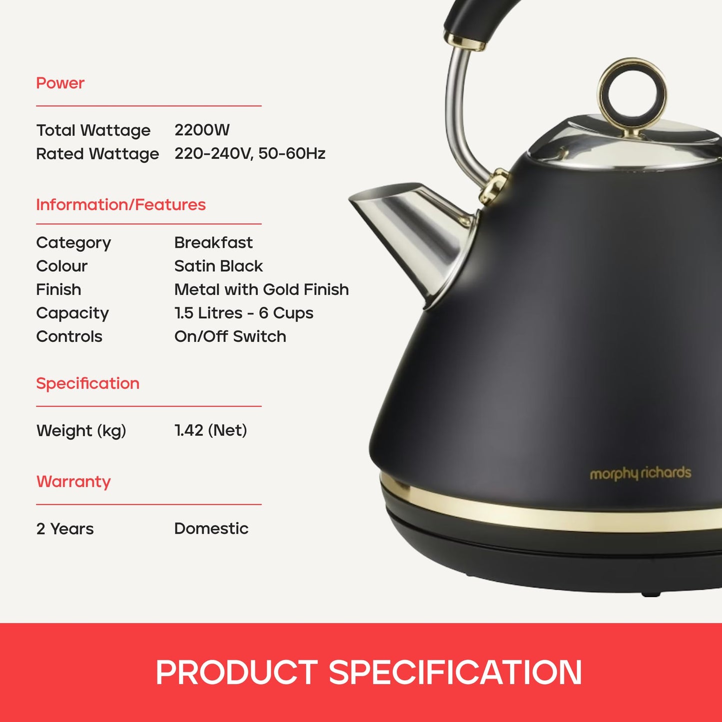 Morphy Richards Ascend 1.5L Satin Black Electric Kettle, 2200W High-Power DEMO