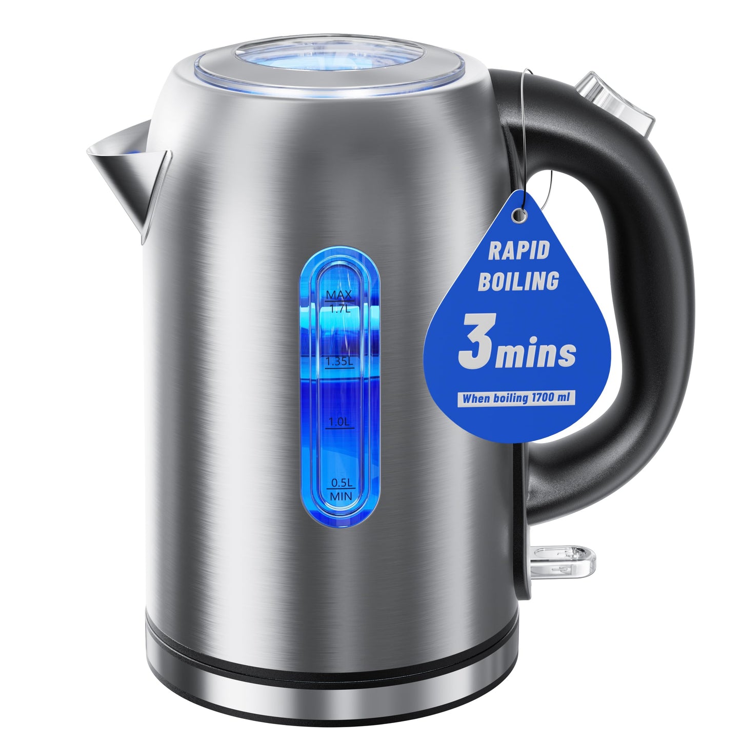 Billord 2200W Stainless Steel Electric Kettle, Black Finish, Rapid Boil DEMO