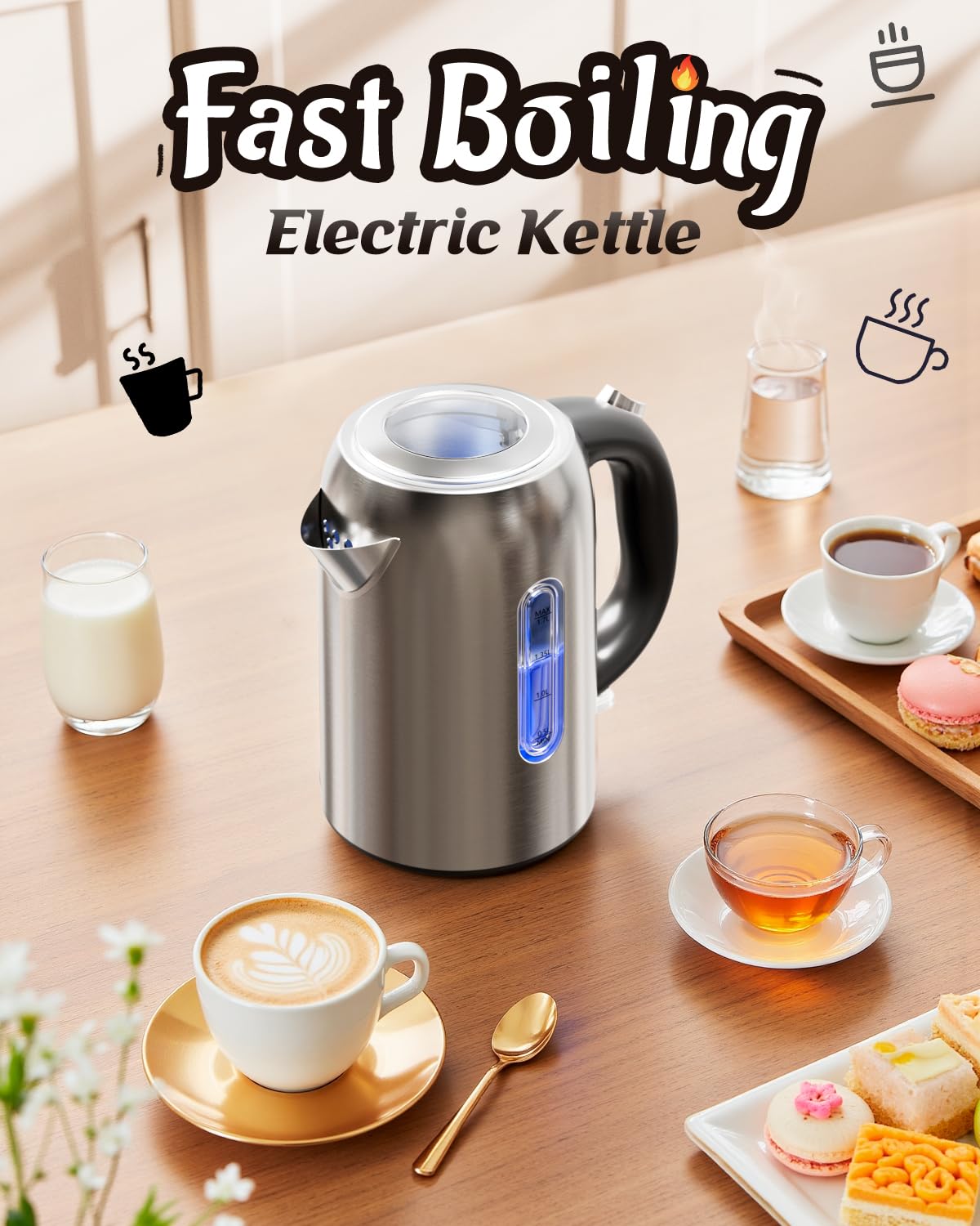 Billord 2200W Stainless Steel Electric Kettle, Black Finish, Rapid Boil DEMO