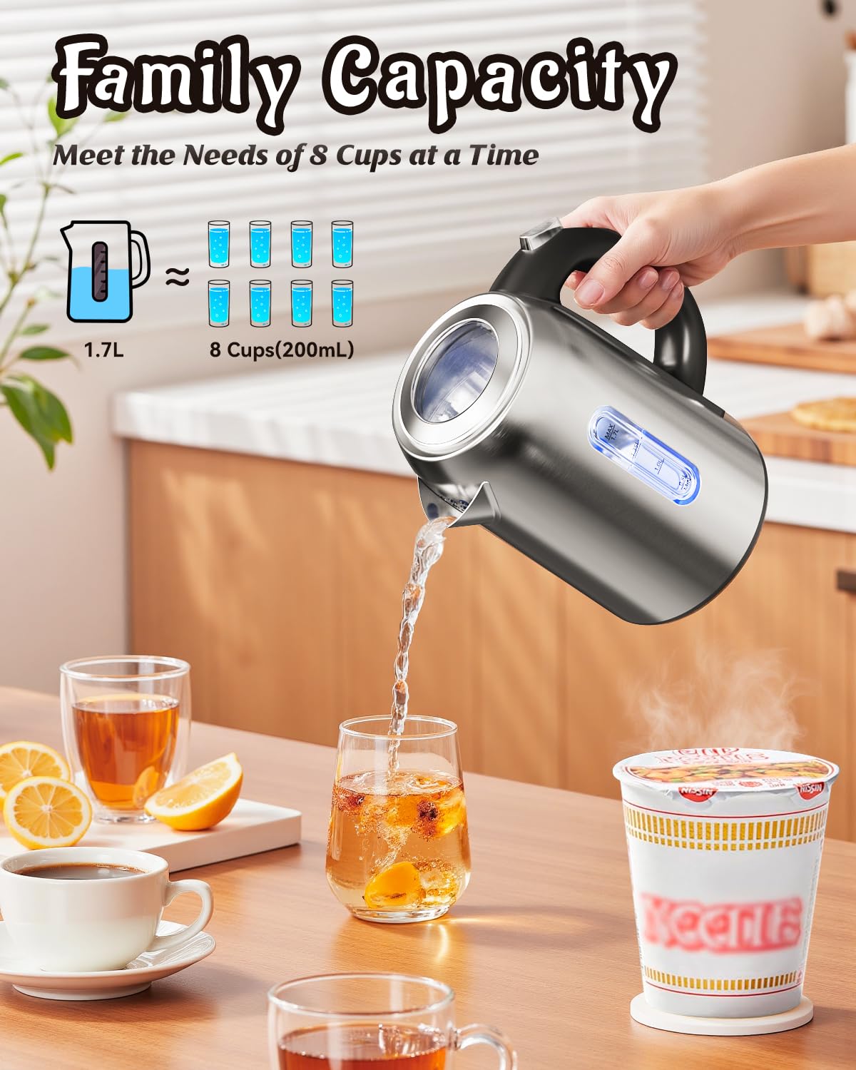 Billord 2200W Stainless Steel Electric Kettle, Black Finish, Rapid Boil DEMO