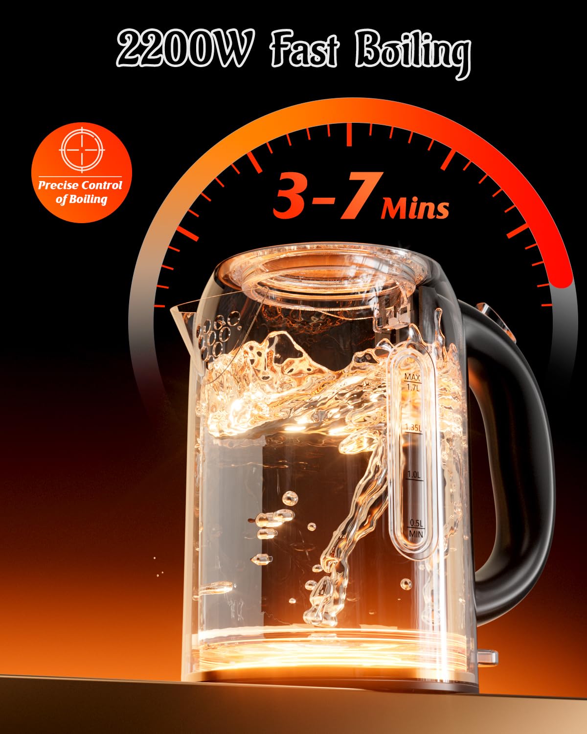 Billord 2200W Stainless Steel Electric Kettle, Black Finish, Rapid Boil DEMO